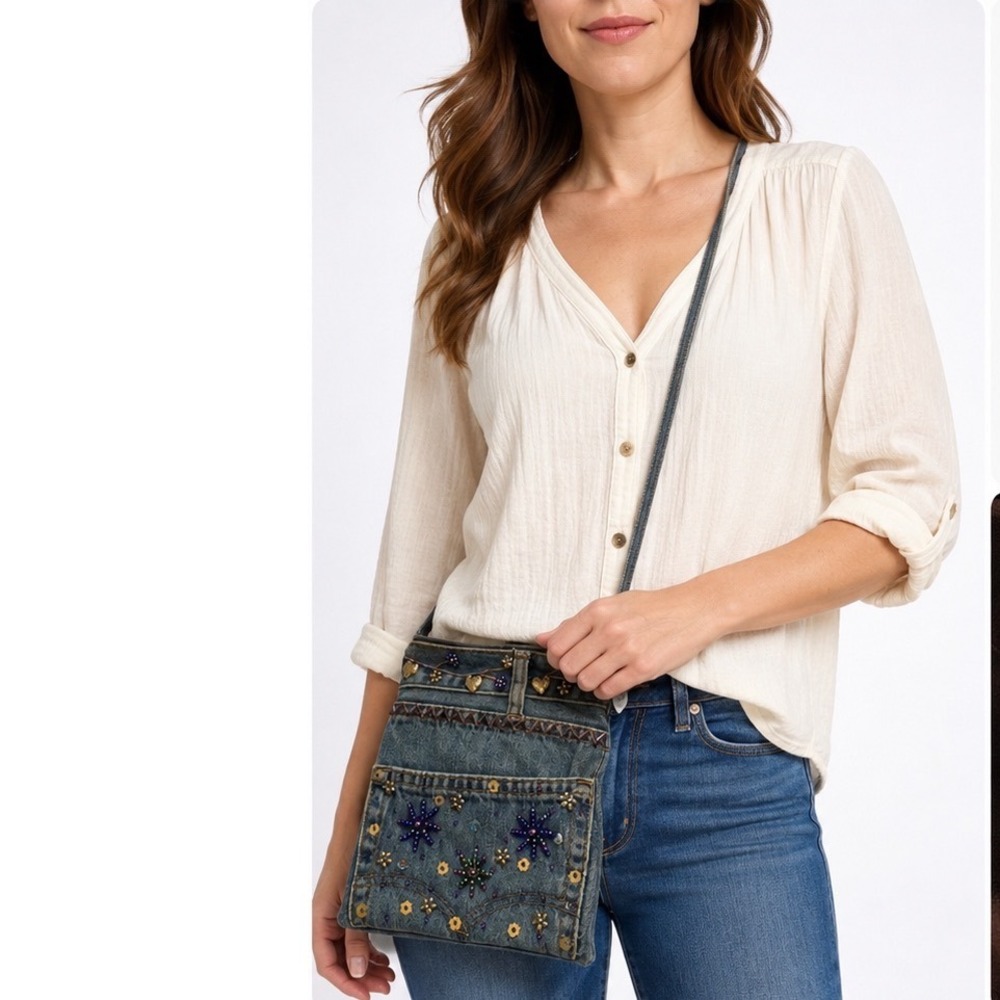 Vintage Hand & Heart Denim‎ Crossbody Bag Beaded Embroidered Boho Festival Purse